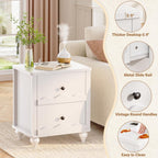 Cyclysio 2 Set End Table with Charging Station, Wood Bedside Table with 2 Drawers, Scalloped Nightstand Set of 2 with Wave Pattern, Bedside Night Tables with Solid Wood Gourd Legs