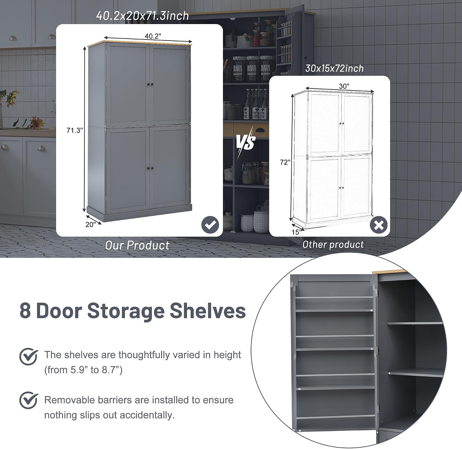 Kitchen Pantry Cabinet with Storage Drawers and 2 Adjustable Shelves, Freestanding Tall Cabinet with 8 Door Shelves, High Freestanding Kitchen Pantry, Gray