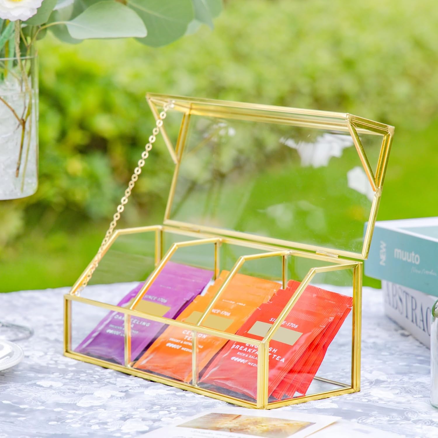 NCYP Glass Tea Bags Organizer with Lid, Small 3 Slots Teabag Storage Box, Indoor Counter Teabag Display Case, Kitchen Cabinet Gold Decor, 8.7 x 3.6 x 3.66 Inches (Glass Box Only)