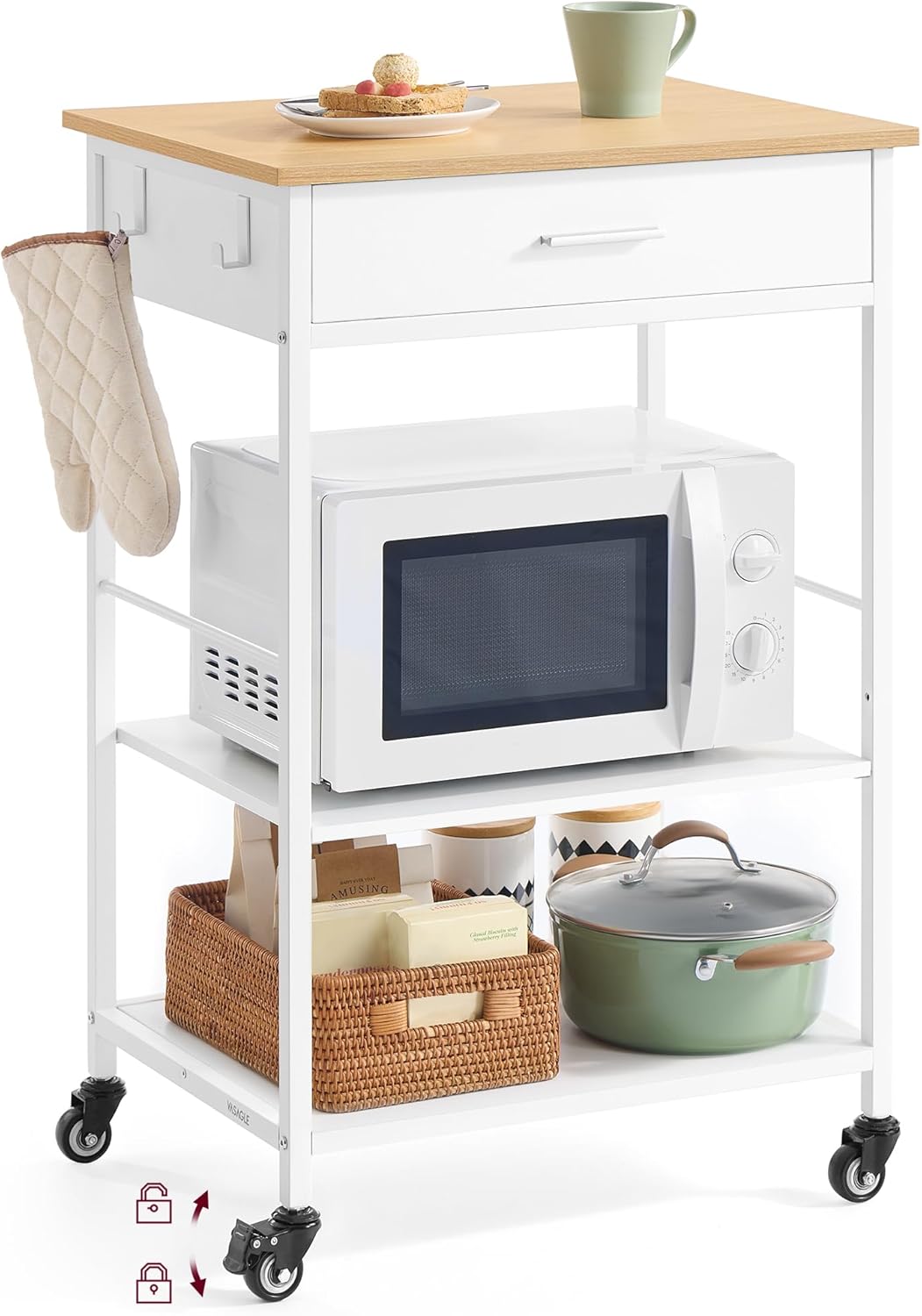 VASAGLE Kitchen Rolling Island, Mobile Kitchen Cart with Storage on Wheels, 17.7 x 23.6 x 35.4 Inches, Drawer, 2 Hooks, for Dining Room, Oak Beige and Matte White UKKI007Y01