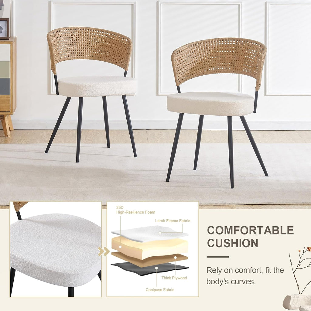Rattan Dining Chairs Set of 4,Kitchen Chairs with PE Cane Back,Upholstered Boucle Armless Side Chair with Metal Legs for Dining Room/Living Room,Beige White