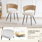 Rattan Dining Chairs Set of 4,Kitchen Chairs with PE Cane Back,Upholstered Boucle Armless Side Chair with Metal Legs for Dining Room/Living Room,Beige White