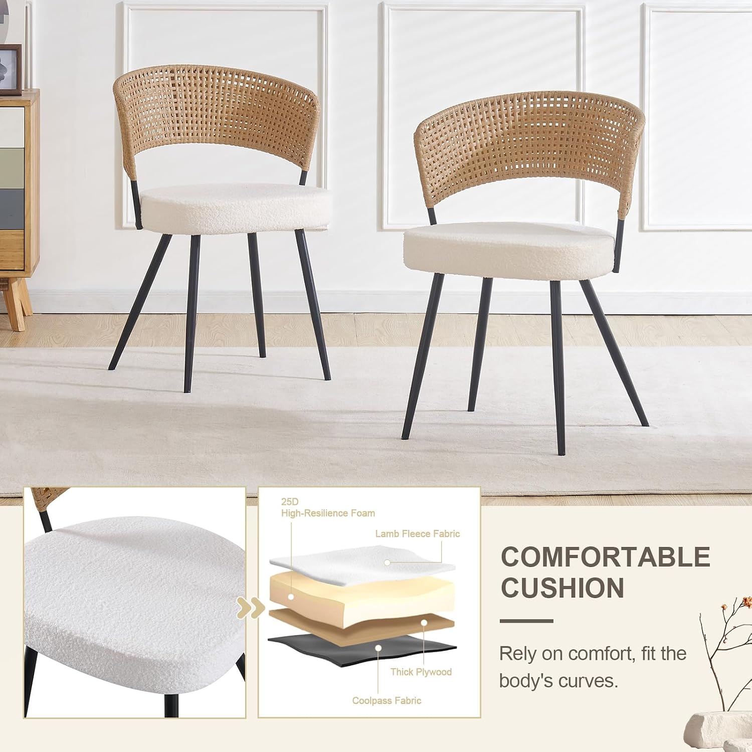 Rattan Dining Chairs Set of 4,Kitchen Chairs with PE Cane Back,Upholstered Boucle Armless Side Chair with Metal Legs for Dining Room/Living Room,Beige White