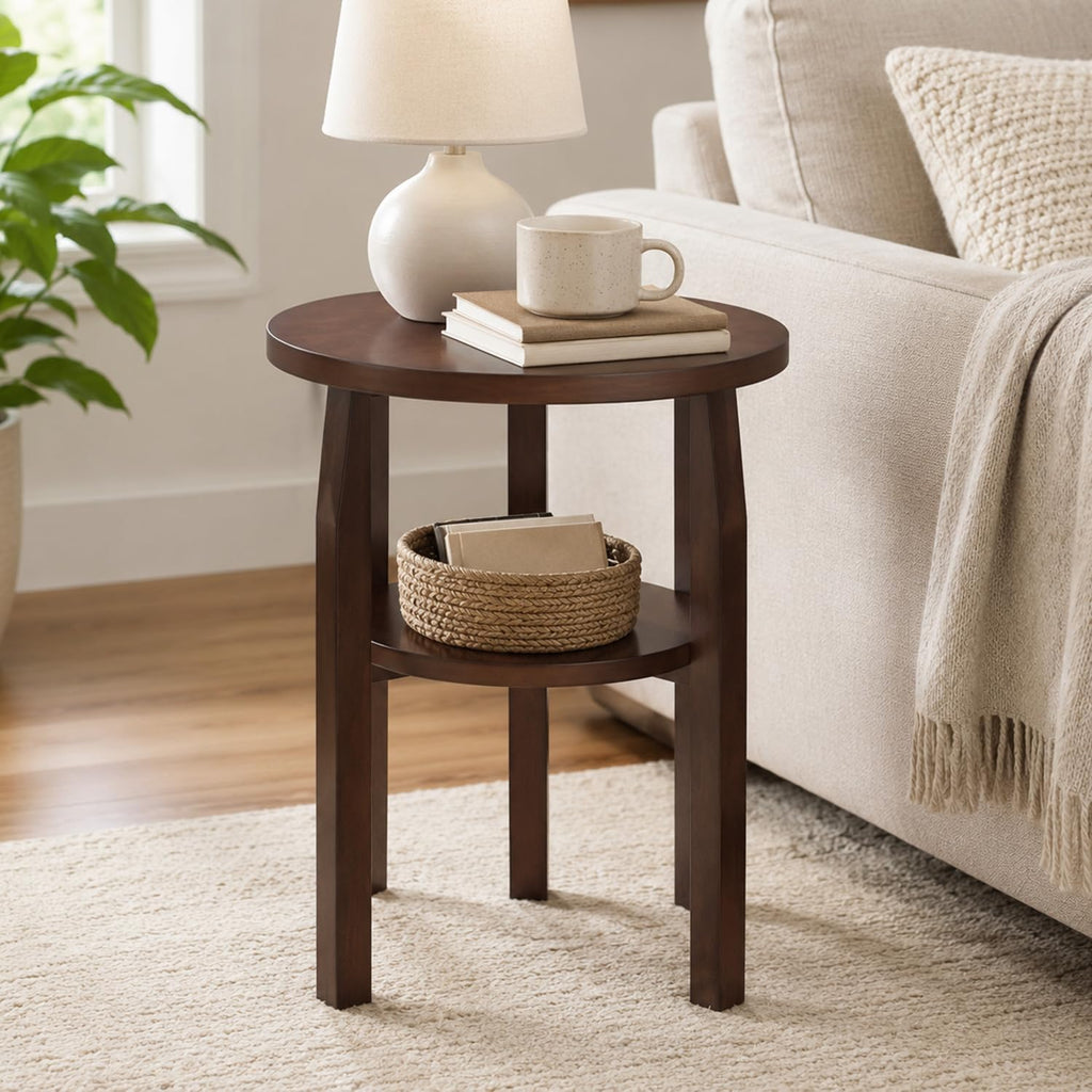 Round End Table, Solid Rubberwood 2-Tier Side Table with Open Storage Shelf, Small Accent Table for Living Room, Bedroom, Sofa Side and Small Spaces