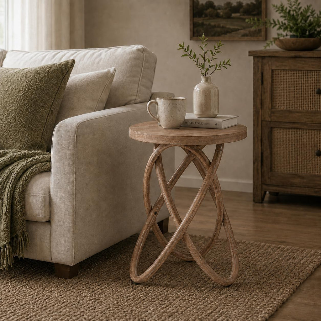 Farmhouse Round End Table with Curved Crossed Base, Natural Brown | Rustic Wood Sofa Side Table, Plant Stand for Living Room, Small Space, Easy Assembly