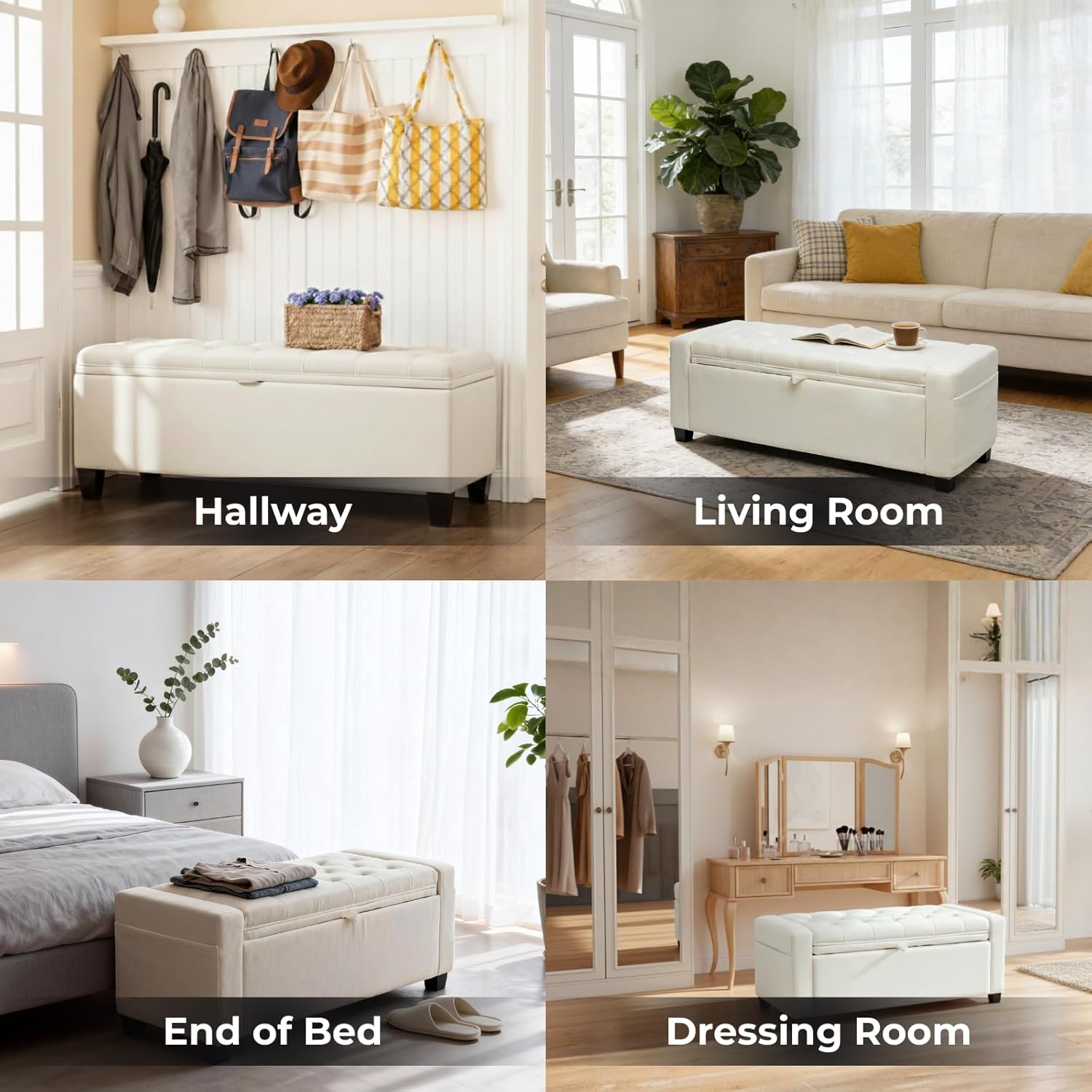 Storage Ottoman Bench for Bedroom, End of Bed Bench with Hidden Storage, Upholstered Tufted Linen Ottoman with Safety Hinge, Bedroom Bench with Storage, 43 Inch, 350lb, Linen Beige