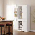 72” Kitchen Pantry Cabinet, Tall Storage Cabinet with 4 Doors and 1 Drawer, Cupboard with 6 Hanging Shelves and Adjustable Shelves for Kitchen, Dining Room, Living Room, White