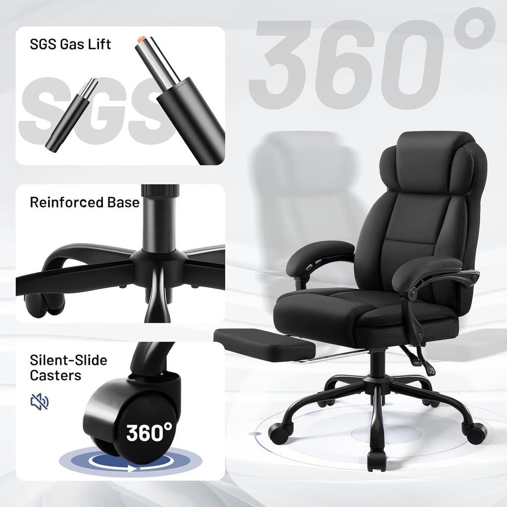 AreShark Ergonomic Office Chair with Footrest,PU Leather Executive Desk Chair Padded Linkage Armrests,Lumbar Support,Swivel Computer Chair for Home Office & Gaming,Black