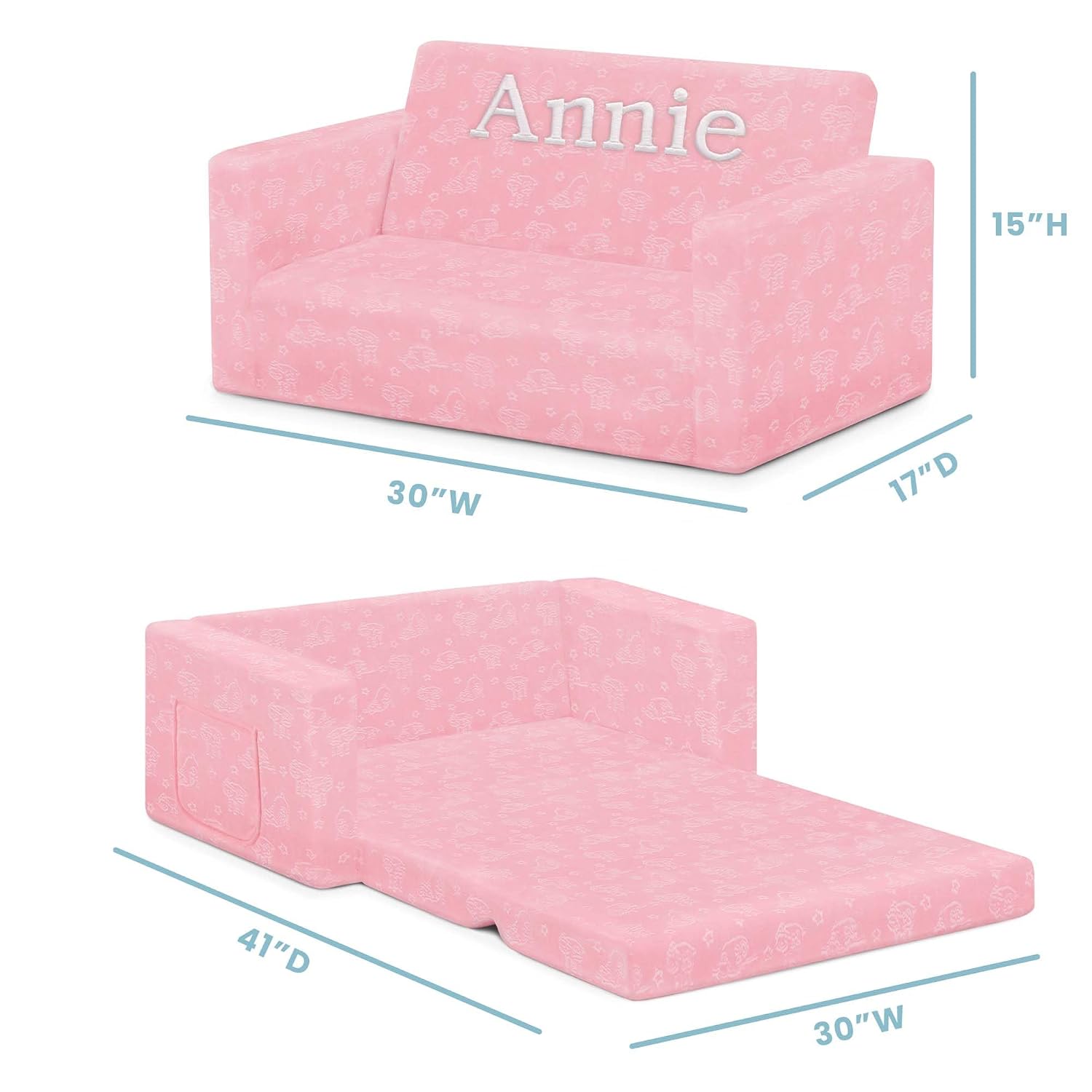 Serta Perfect Sleeper Personalized Extra Wide Convertible Sofa to Lounger, Comfy 2-in-1 Flip Open Couch/Sleeper for Kids, Pink