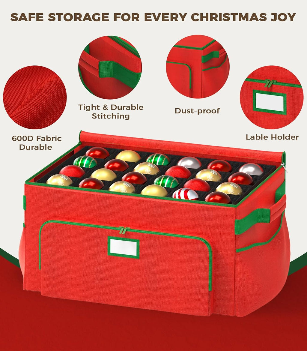 Ornament Storage Box, Large Christmas Ornament Storage Box, Stores 72 4'' Ornaments , Ornaments Storage Containers with 3 Trays, Durable and Portable, 600D Tear-Proof Material, Extra Pockets Red