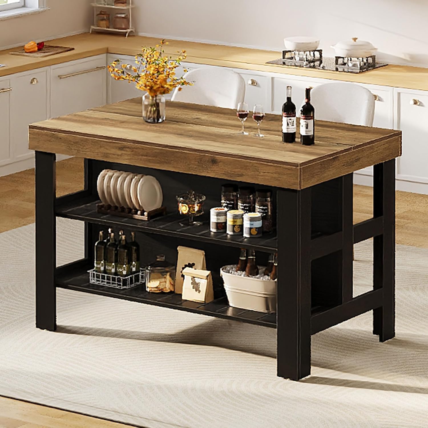 Tribesigns Kitchen Island with Storage and Seating, Farmhouse Large Stationary Wood Island Table for Kitchen Dining Room (Black and Brown)