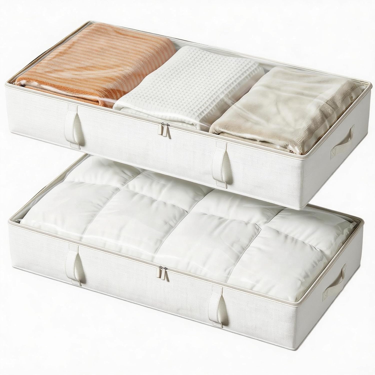 Vailando Storage Containers, 8 Inches Tall 80L Underbed Storage Bins with Sturdy Handles and Sidewalls, Closet Organizer for Clothes, Blankets, Seasonal Items, Beige, 2-Pack