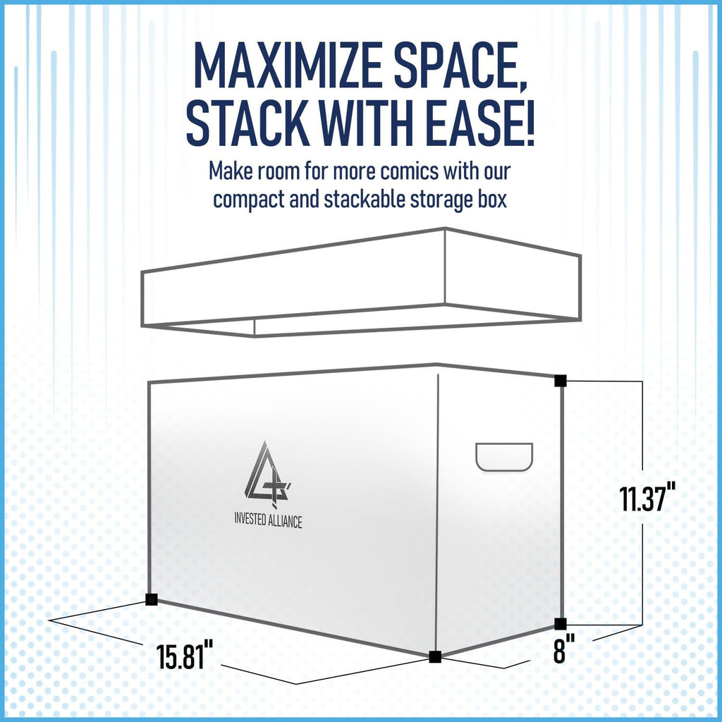Invested Alliance Bundle Set Premium Short Comic Book Storage Box Organizer with Lid | Thick Cardboard Comic Storage Box For Collectibles Fits 150-175 Current/Silver Age, Heavy Duty & Stackable.
