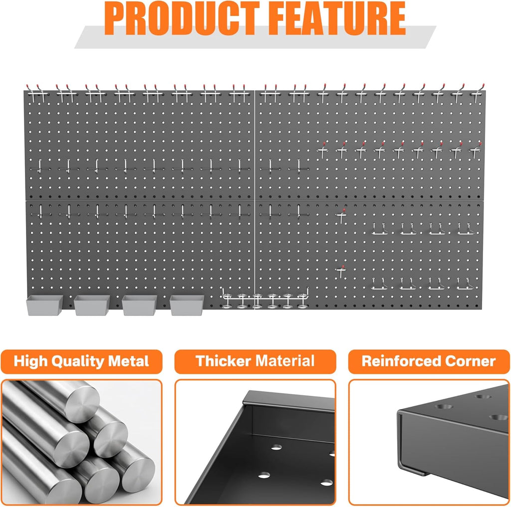 TORACK Garage Tools Organizer Boards Kit with Hooks, Modular Wall-Mounted Tool Storage Pegboard for Workbench(Black, 4 Panels with Hooks)