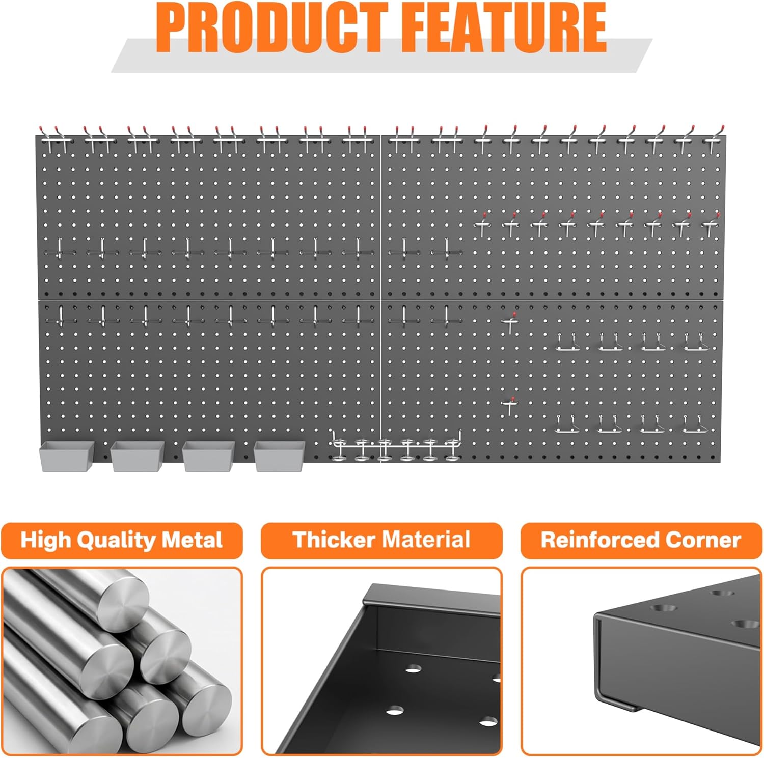 TORACK Garage Tools Organizer Boards Kit with Hooks, Modular Wall-Mounted Tool Storage Pegboard for Workbench(Black, 4 Panels with Hooks)