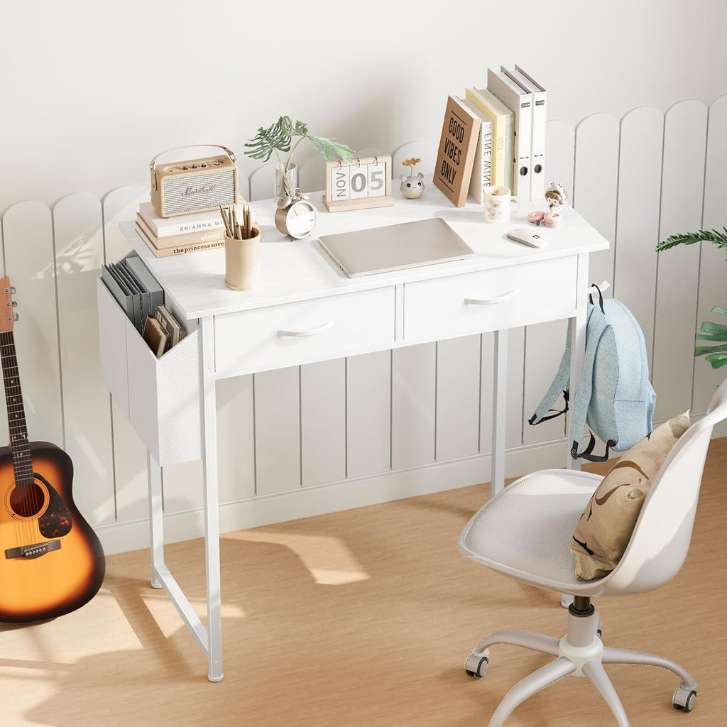 32" Small Gaming Desk with Drawers, Home Office Computer Writing Study Table with Storage Side Bag, Headphone Hook, and Adjustable Feet for Bedroom, White