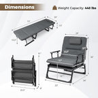 KOTEK Chaise Lounge Chair, 6-Position Folding Camping Cot with Padded Mattress, Pillow, Adjustable Camp Cot Bed for Outdoor/Indoor, Backyard, Garden, Patio, Beach, Pool or Office Use, Support 440 Lbs
