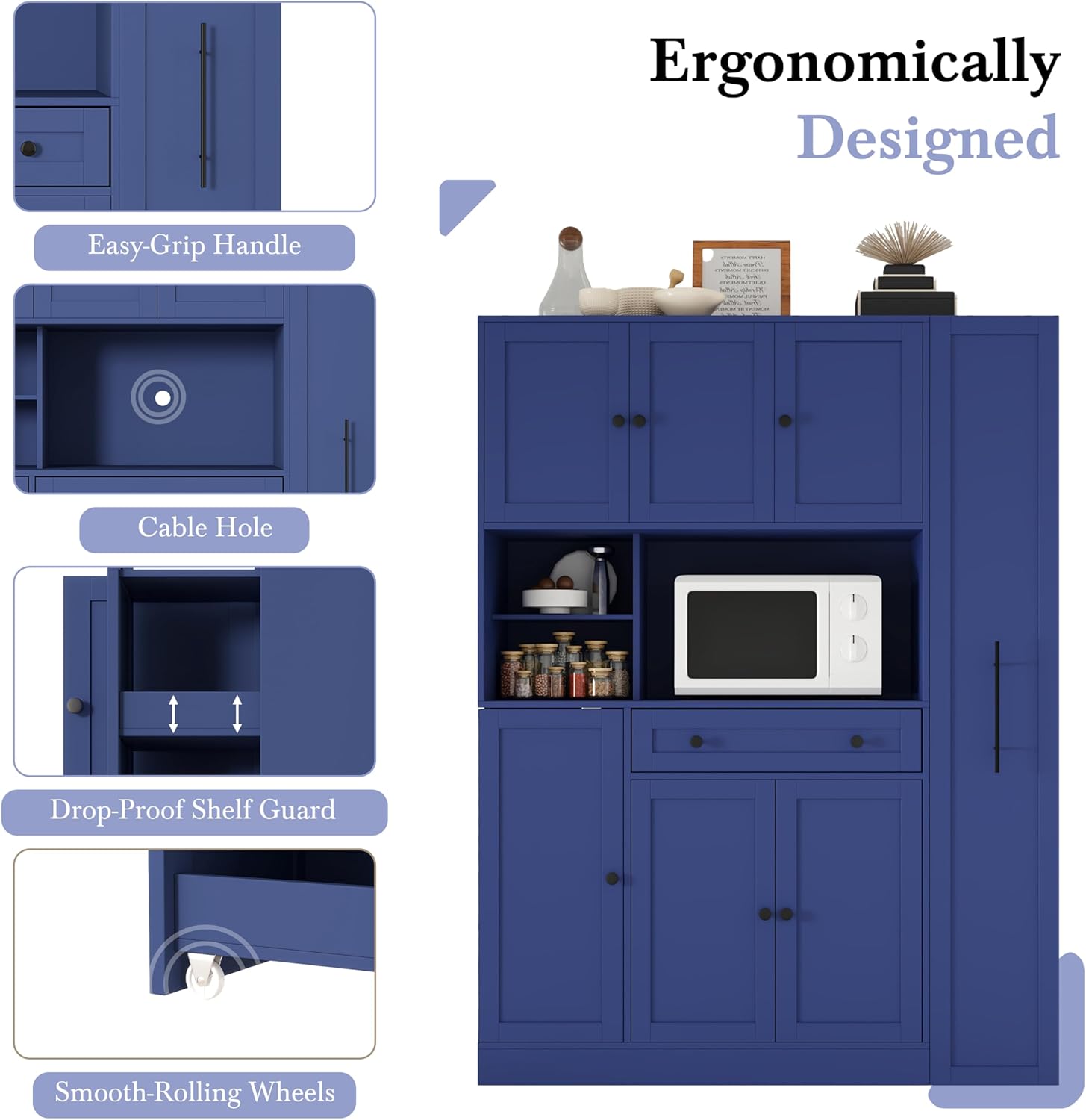 Merax 70'' Tall Traditional Freestanding Buffet with Hutch, Large Kitchen Pantry Storage Cabinet Cupboard with Pull-Out Side Cabinet, Door Shelves and Drawer, Blue