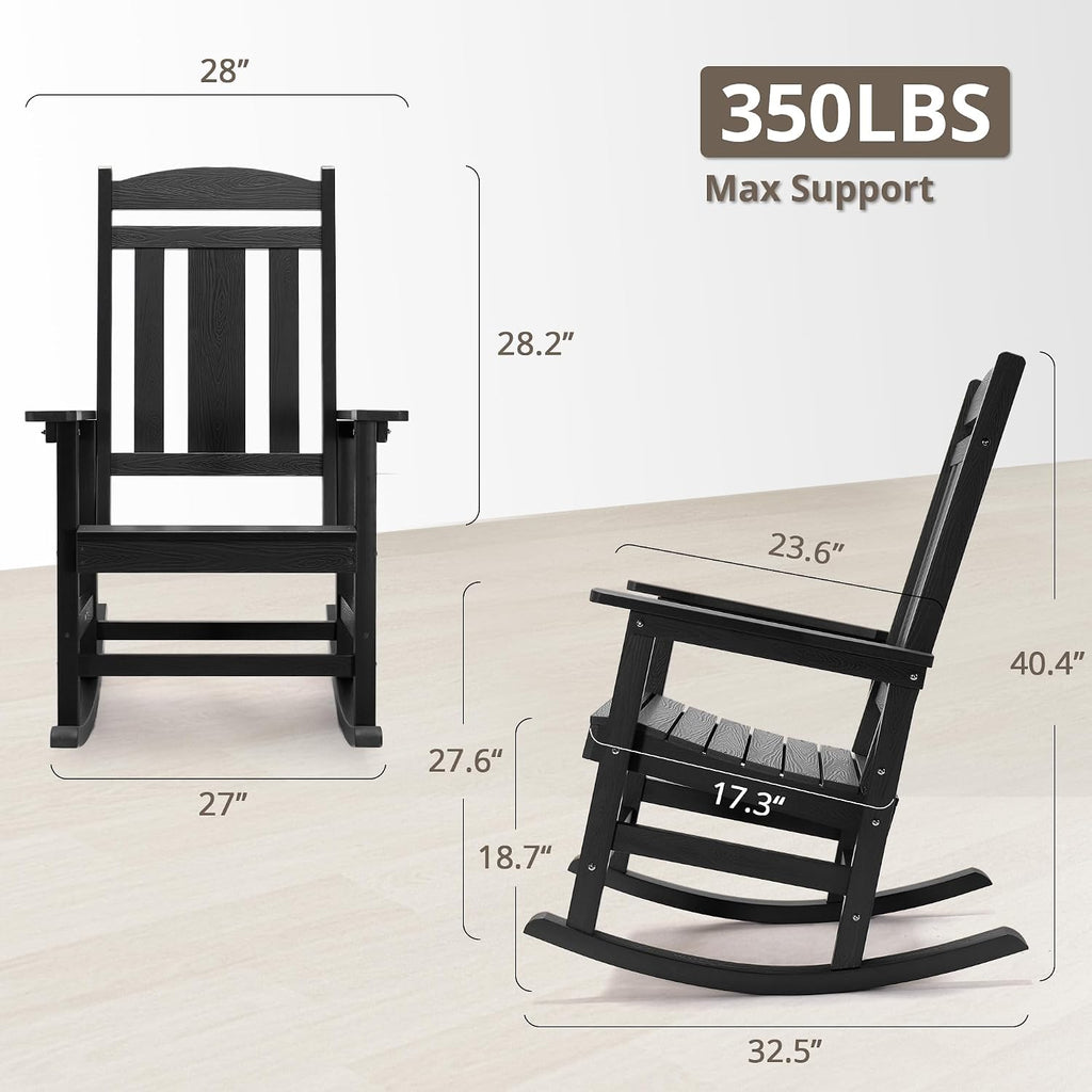 LUE BONA Outdoor Rocking Chairs Set of 2, Weather Resistant Poly Plastic Rocker, 350lb Heavy Duty, Oversized Porch Rocker for Adult, High Back Smooth for Outdoor & Indoor, Black