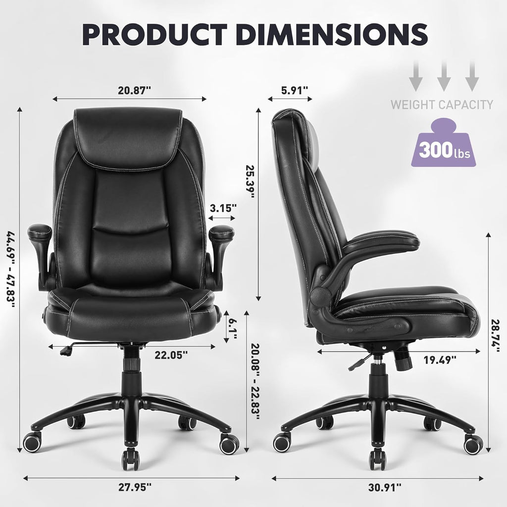 400lbs Capacity Executive Desk Chair with Ergonomic Lumbar Support, Flip-up Arms & High Back Leather Computer Chair for Home/Office, Black