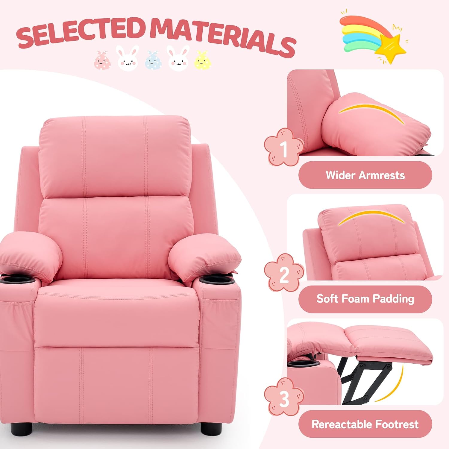 Korser Kids Recliner Chair, PU Leather Toddler Recliner with Cup Holder, Kid Recliner Sofa with Footrest, Push Back Child Reclining Chair with Side Pockets for Children Boys Girls Room, Pink