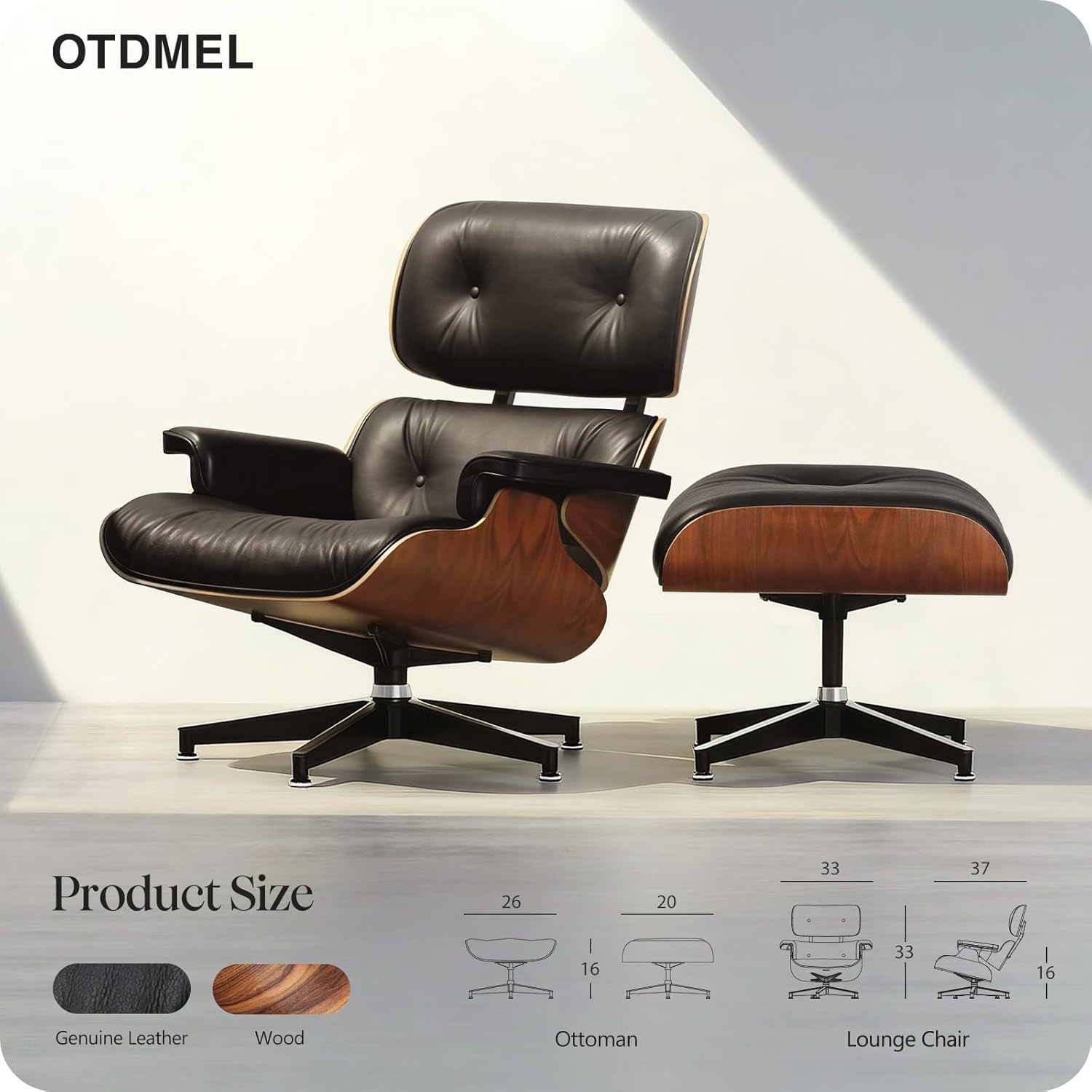 Luxury Top Black Grain Leather Mid Century Chaise Lounge Chair with Ottoman, Premium Handcrafted Walnut Wood, Ergonomic Modern Accent Chair for Living Room Office