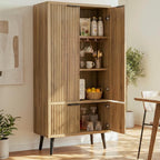 Oak Fluted 51" Tall Wooden Kitchen Pantry Storage Cabinet Food Organize with Adjustable Shelves, Modern Accent Cabinet Sideboard Buffet for Dining Room, Entryway, Bathroom, Home Office