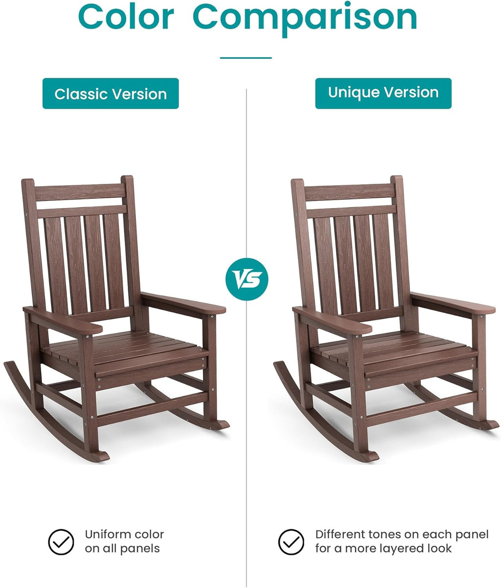SERWALL Outdoor Rocking Chair Set of 2, HDPE Rocking Chair for Adults, All Weather Porch Rocker for Lawn Garden, Unique Color Matching Each Chair Varies, Multi-Tone Brown