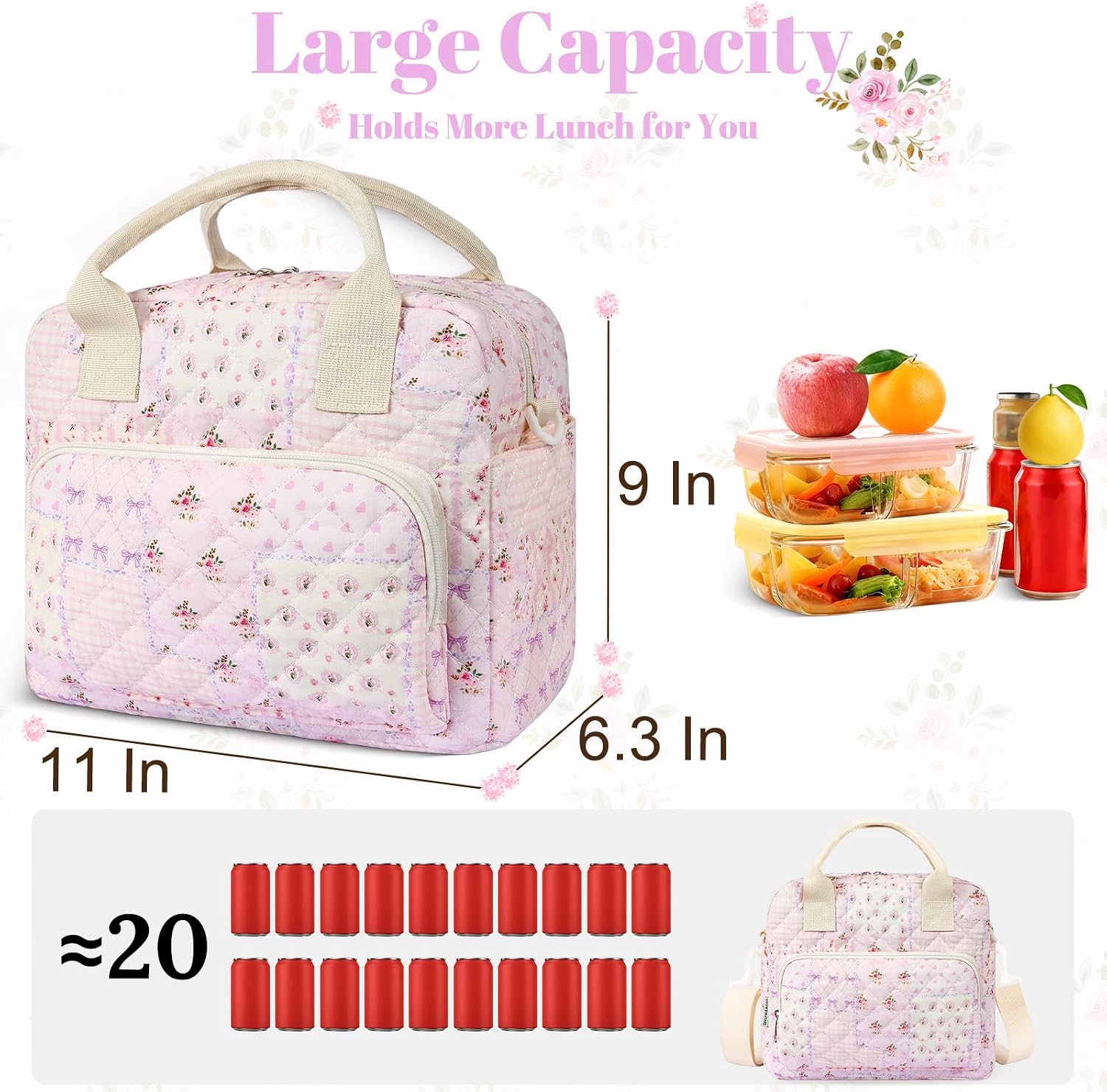 Quilted Lunch Box for Women, Large Insulated Lunch Bag for Adult,Elegant Pink Patchwork Cute Portable Tote Bags for Work Travel Beach Picnic (Purple Patchwork, M)