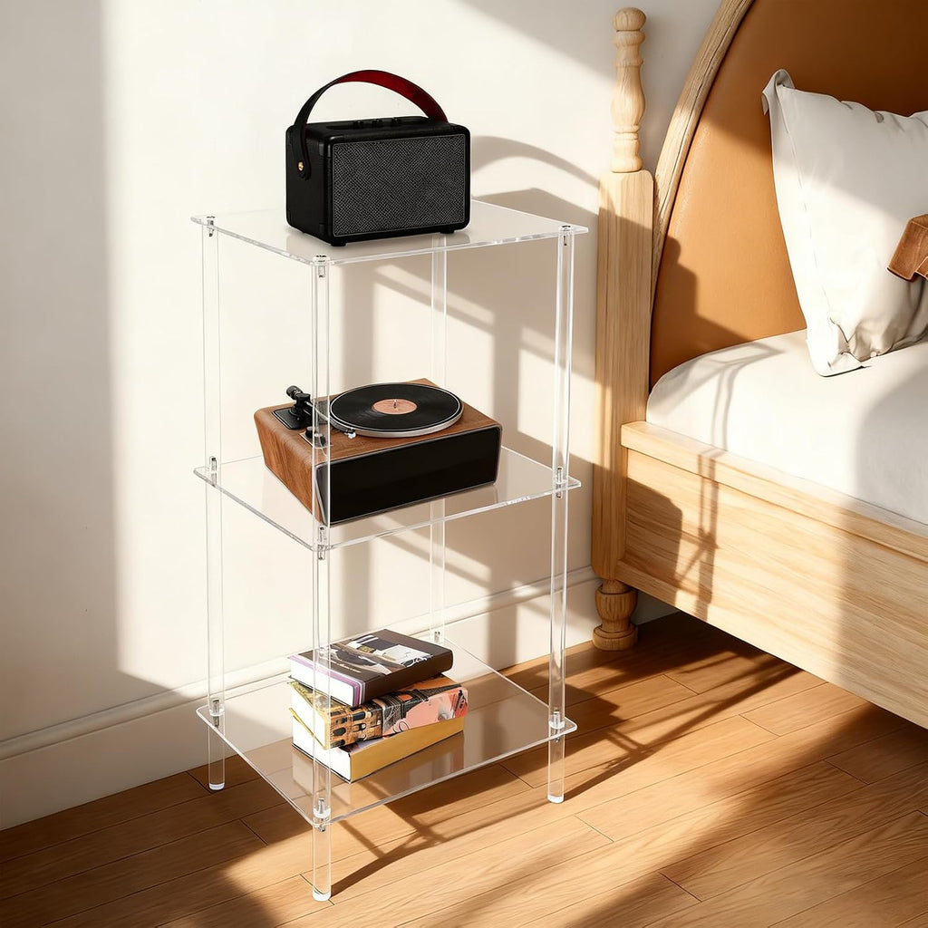 3-Tier Acrylic Record Player Stand, Clear Vinyl Record Storage Table with 11 lbs per Shelf, Modern End Table/Side Table for Living Room, Bedroom, Bathroom, Easy Assembly, Polished Finish