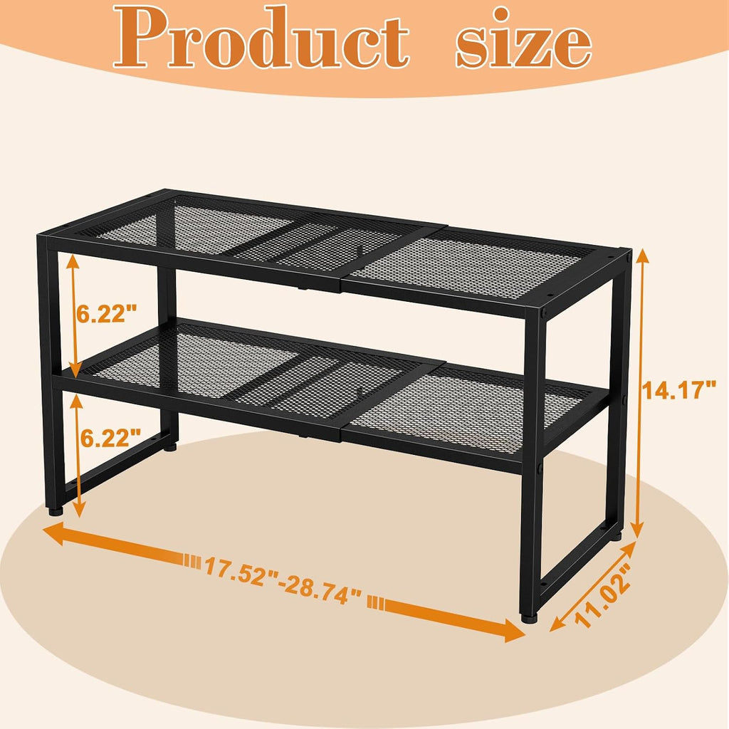 2 Tier Shoe Rack Organizer for Closet and Entryway, Expandable & Stackable Metal Shoe Storage Shelf, Adjustable Small Shoe Rack (17.52-28.74 in), Black