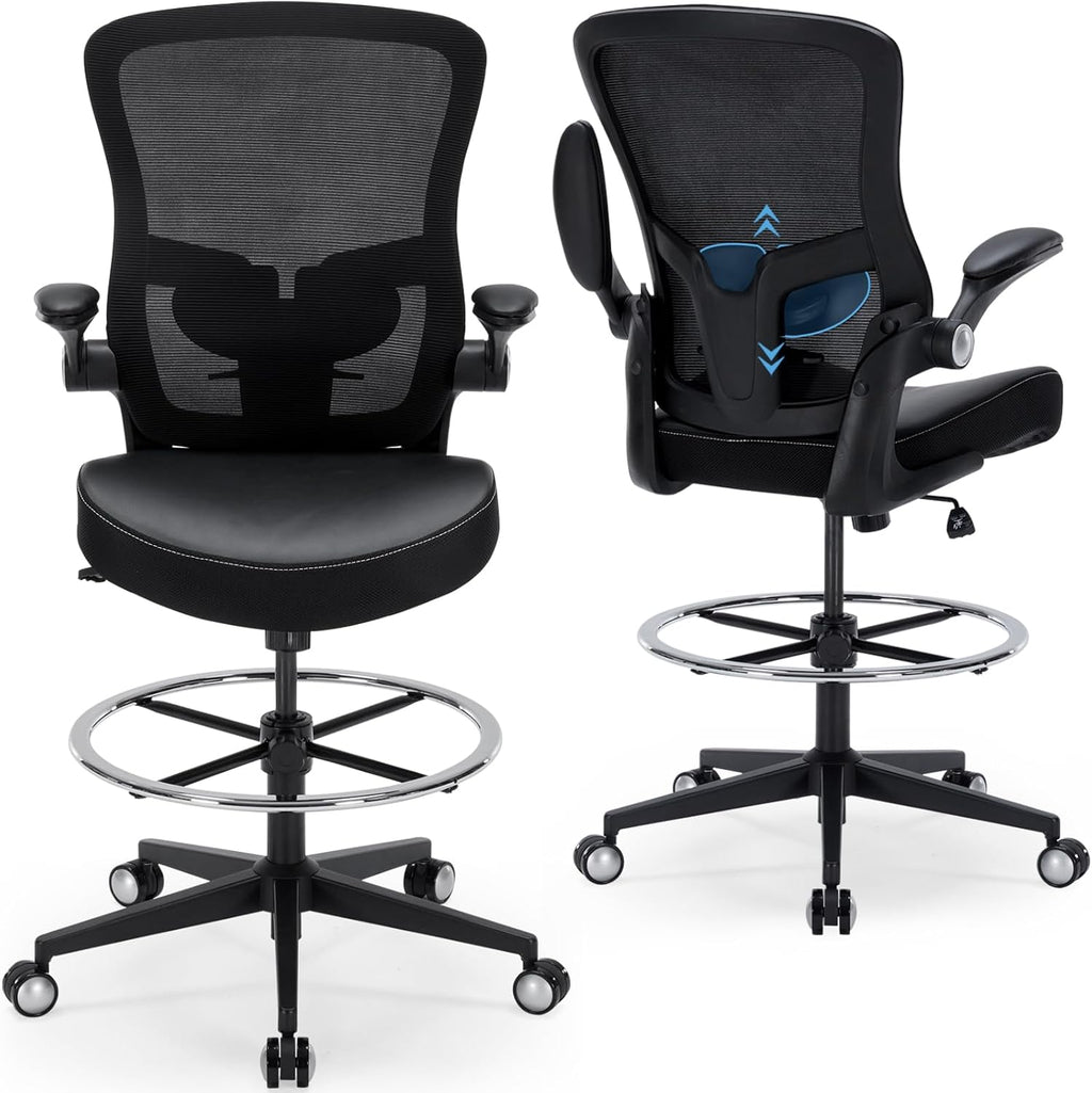 Drafting Chair 400lbs Heavy Duty Tall Office Chair Big and Tall Ergonomic Standing Desk Chair with Lumbar Support and Adjustable Footrest Ring, Comfy Mesh Wide Chair with Flip-up Armrests, Black