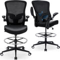 Drafting Chair 400lbs Heavy Duty Tall Office Chair Big and Tall Ergonomic Standing Desk Chair with Lumbar Support and Adjustable Footrest Ring, Comfy Mesh Wide Chair with Flip-up Armrests, Black