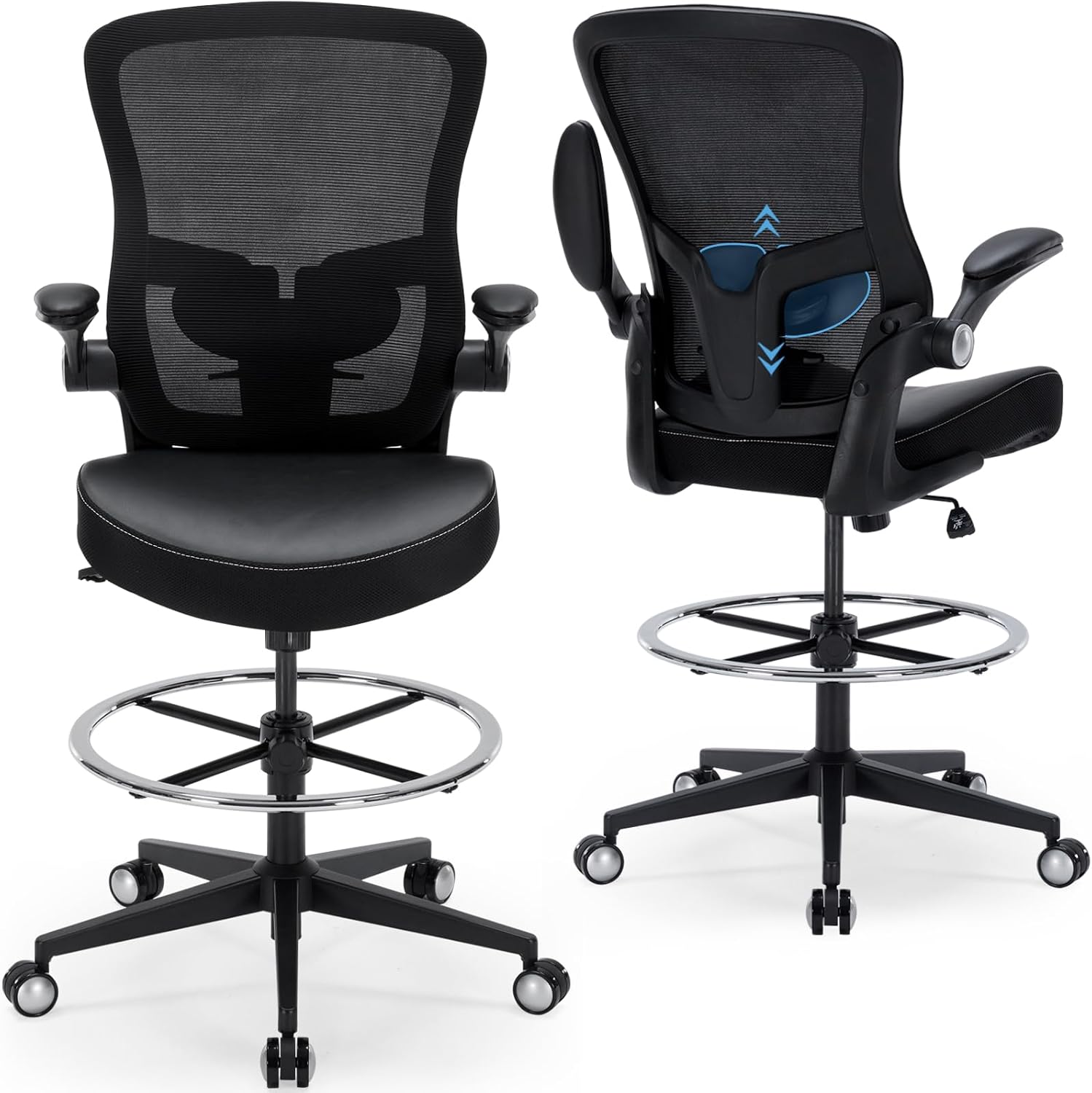 Drafting Chair 400lbs Heavy Duty Tall Office Chair Big and Tall Ergonomic Standing Desk Chair with Lumbar Support and Adjustable Footrest Ring, Comfy Mesh Wide Chair with Flip-up Armrests, Black