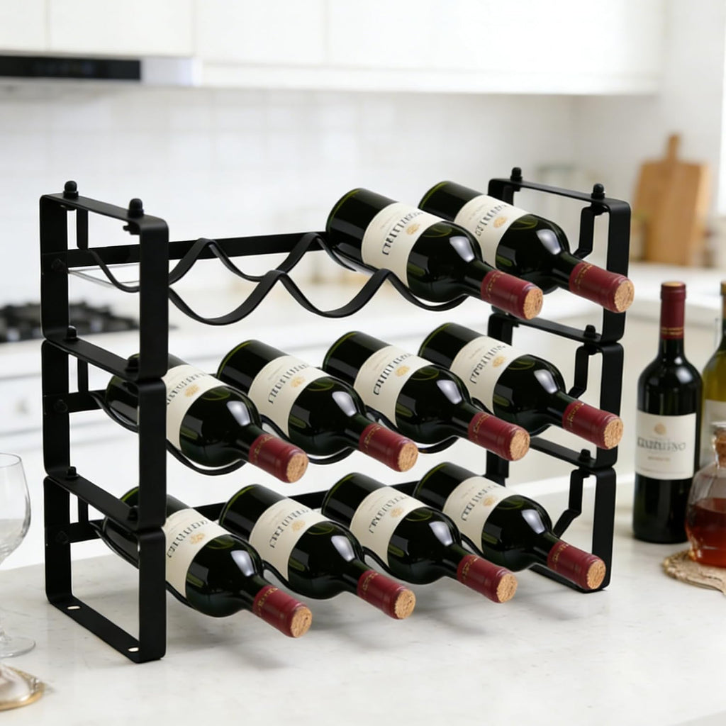 Wine Rack for Countertop – Stackable Freestanding Bottle Organizer for Kitchen, Pantry, Bar Cabinet & Small Spaces – Compact Metal Shelf & Modular Storage Stand (3-Tier)