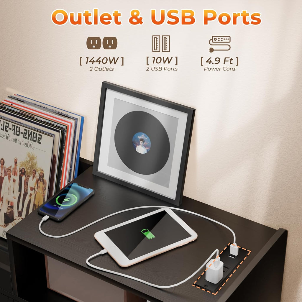 Upgraded Large Black Record Player Stand -Turntable Stand Shelf with with Power Outlet and LED Light,Vinyl Record Storage Cabinet Up to 350 Albums,Wood Record Player Holder Table for Living Room