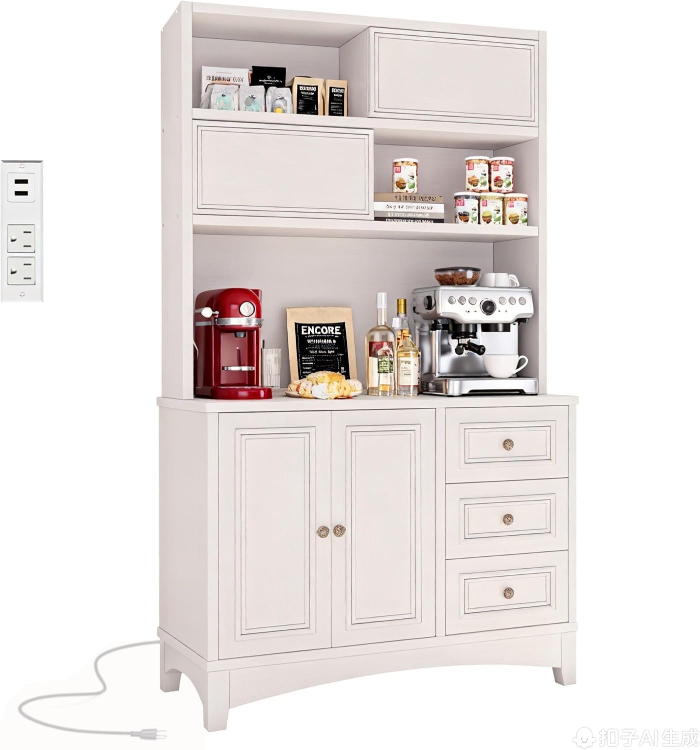 BOSHIRO 71" Farmhouse White Pantry Cabinet with Charging Station, 4-Type Storage & Anti-Tip Design, Kitchen Cabinet with Adjustable Shelves