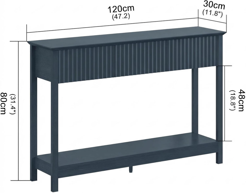 Treocho 47" Fluted Console Table with 3 Drawers, Narrow Long Entryway Table with Storage and Shelf, 2-Tier Sofa Table Behind Couch Accent Tables for Entrance Foyer, Hallway, Living Room, Blue