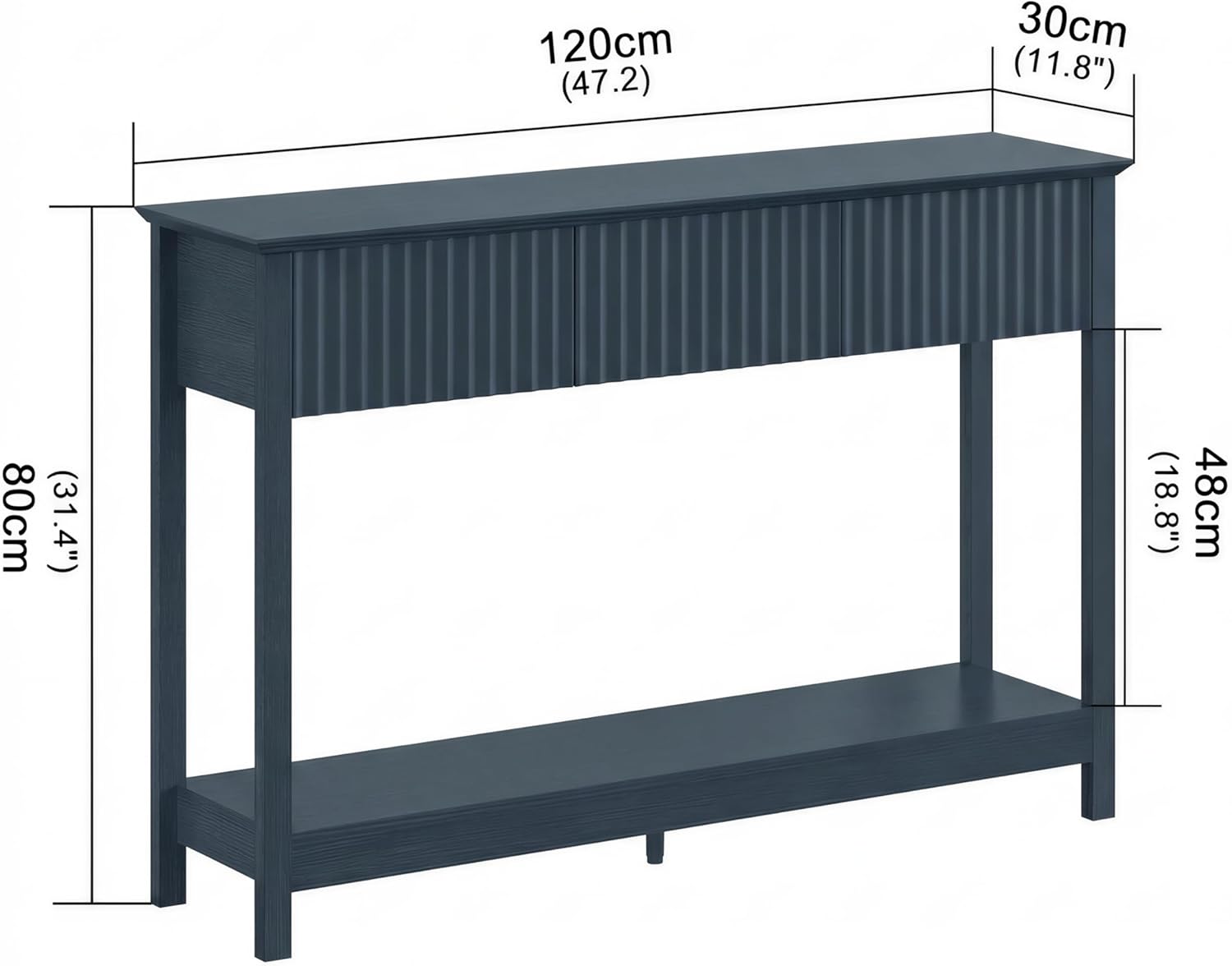 Treocho 47" Fluted Console Table with 3 Drawers, Narrow Long Entryway Table with Storage and Shelf, 2-Tier Sofa Table Behind Couch Accent Tables for Entrance Foyer, Hallway, Living Room, Blue