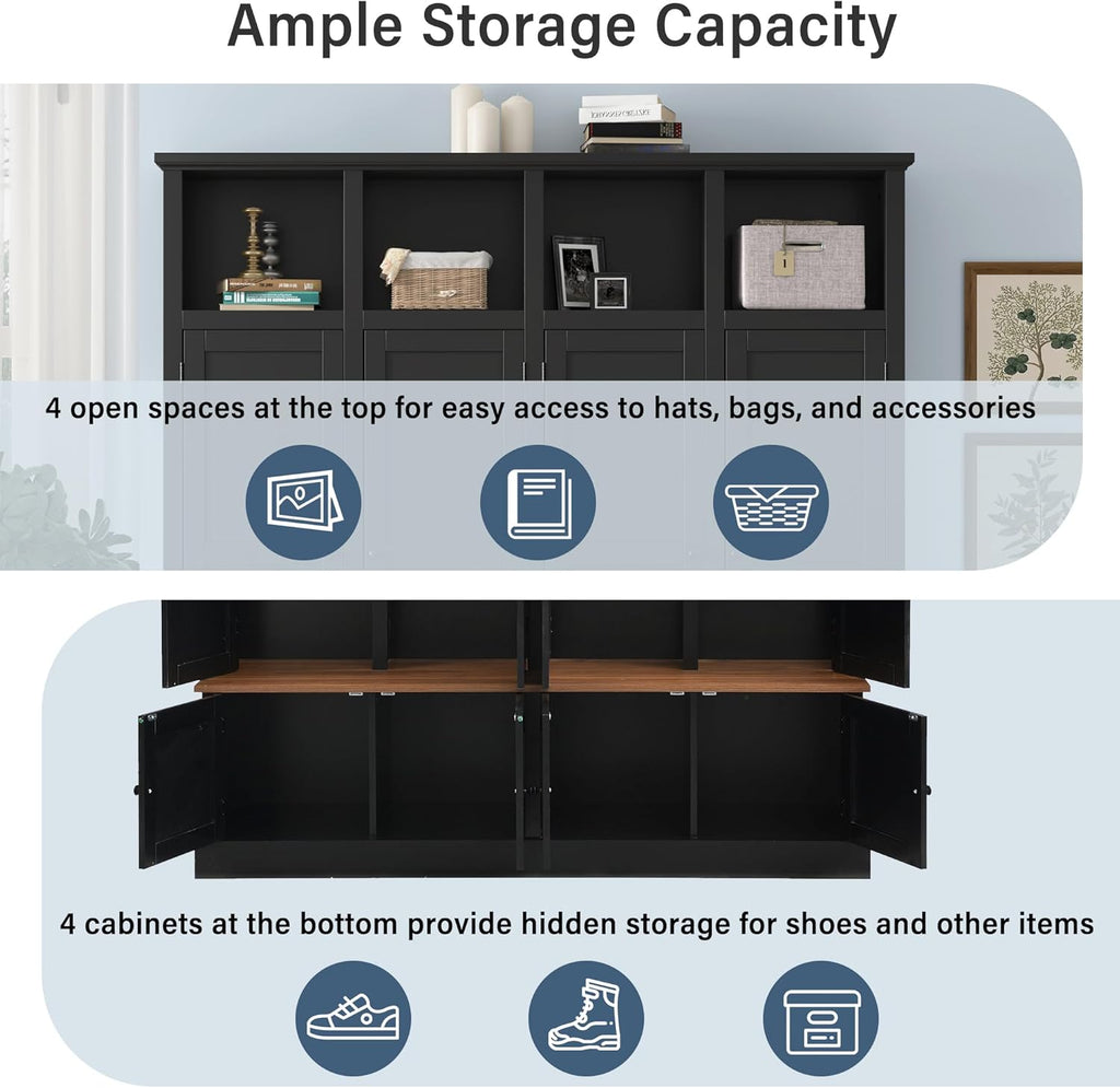 RuiSiSi 76.7" Hall Tree with Bench and Shoe Storage, Farmhouse 4-in-1 Entryway Bench Coat Rack with Doors, 4 Hooks and Top Shelves for Entrance, Hallway, Mudroom, Black