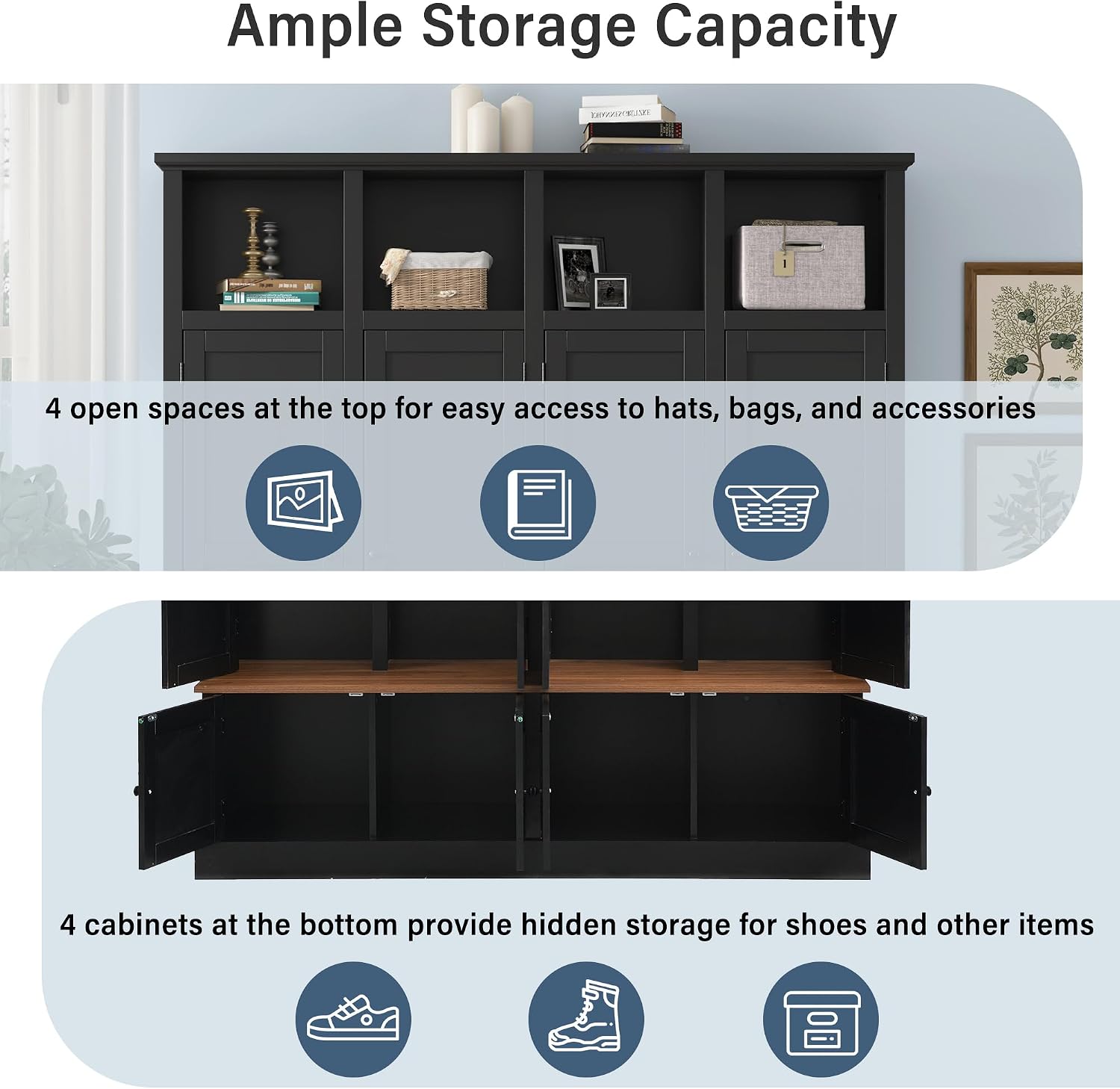 76.7''H Farmhouse Hall Tree with Storage Cabinet & Shoe Bench, Black | 59’’ Wide Tall Entryway Organizer, 8 Doors, 4 Overhead Open Cubbies, 4 Coat Hooks for Hallway Living Room Mudroom