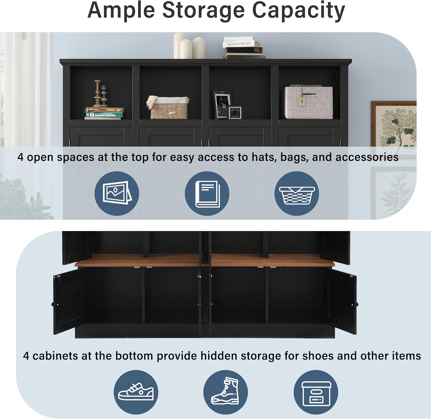 Merax Farmhouse Hall Tree with Bench and Cabinet, 4-in-1 Entryway Storage Organizer with Rack, Shoe Storage and Hooks for Mudroom, Living Room, Bedroom, Black
