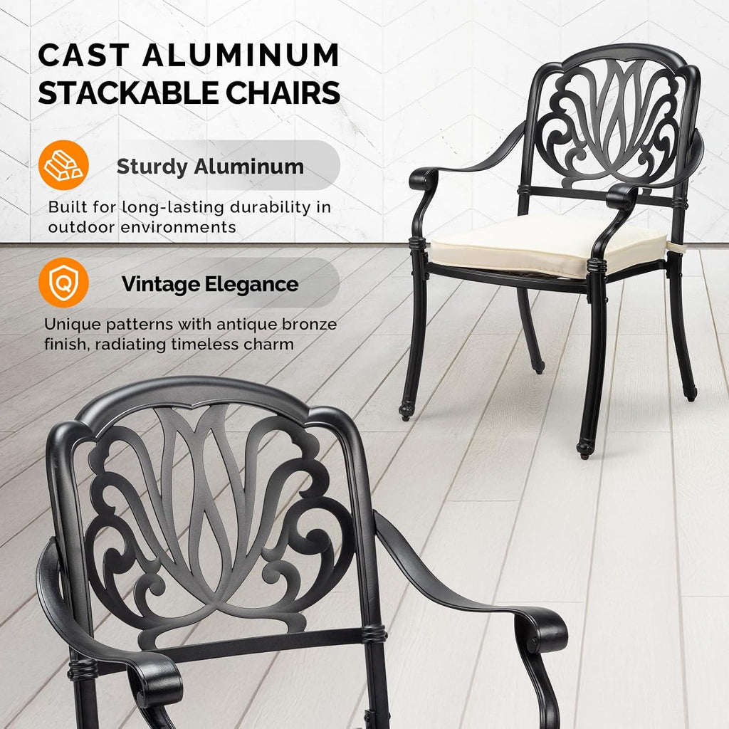 VINGLI Patio Chairs Set of 2 - Stackable Outdoor Cast Aluminum Dining Chairs with Vintage Black Finish and Floral Pattern, Metal Armchairs for Poolside, Backyard, Balcony (with Cushion)