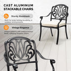 VINGLI Patio Chairs Set of 2 - Stackable Outdoor Cast Aluminum Dining Chairs with Vintage Black Finish and Floral Pattern, Metal Armchairs for Poolside, Backyard, Balcony (with Cushion)