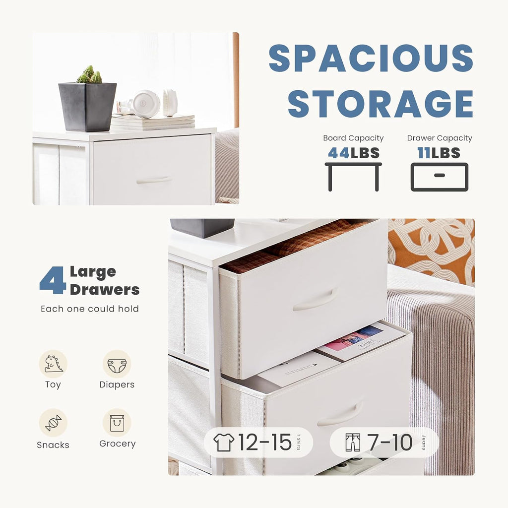 DUMOS Nightstand Bedside Table with 4 Drawers, Removable Fabric Bins with Steel Frame Wood Top, Organizer Furniture for Bedroom Closet Living Room, Chalky