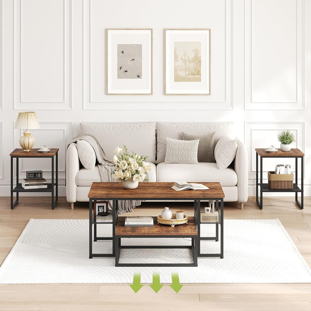 Coffee Table Set of 4, Nesting Coffee Table and 2 Side Tables | Industrial Square Coffee Table with Storage, Metal Frame, for Small Spaces, Apartment, Living Room, Rustic Brown and Black