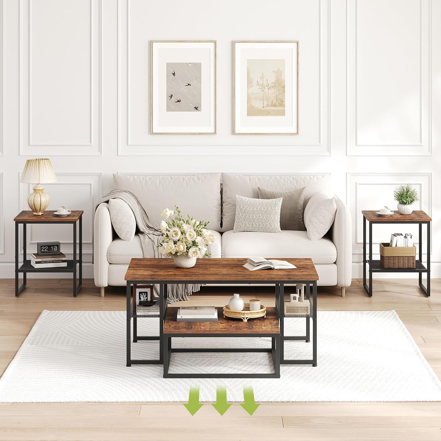 Coffee Table Set of 4, Nesting Coffee Table and 2 Side Tables | Industrial Square Coffee Table with Storage, Metal Frame, for Small Spaces, Apartment, Living Room, Rustic Brown and Black