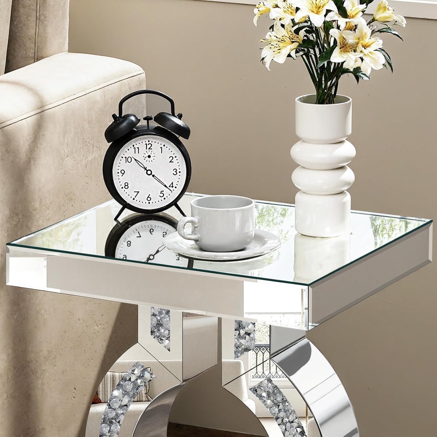 Crushed Diamond Mirrored End Table, Silver Side Accent Table, Small Mirrored Coffee Table for Living Room, Bedroom, 16"x12"x23"