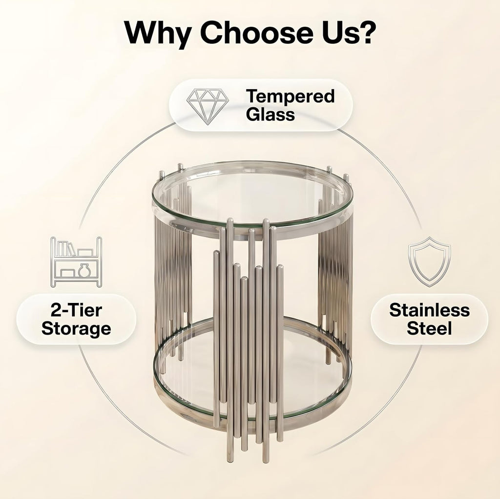 19.7" Luxury Round Silver End Table with 2-Tier Clear Tempered Glass Shelves, Modern Sofa Bedside Table for Living Room Bedroom Home Office, Polished Stainless Steel Frame