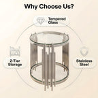 19.7" Luxury Round Silver End Table with 2-Tier Clear Tempered Glass Shelves, Modern Sofa Bedside Table for Living Room Bedroom Home Office, Polished Stainless Steel Frame